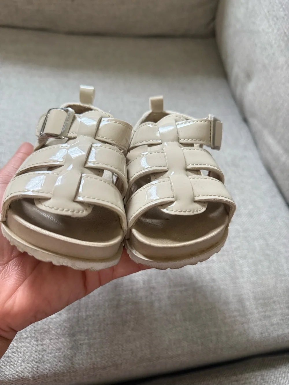 Children's Patent Beige Fisherman Sandals with Adjustable Strap